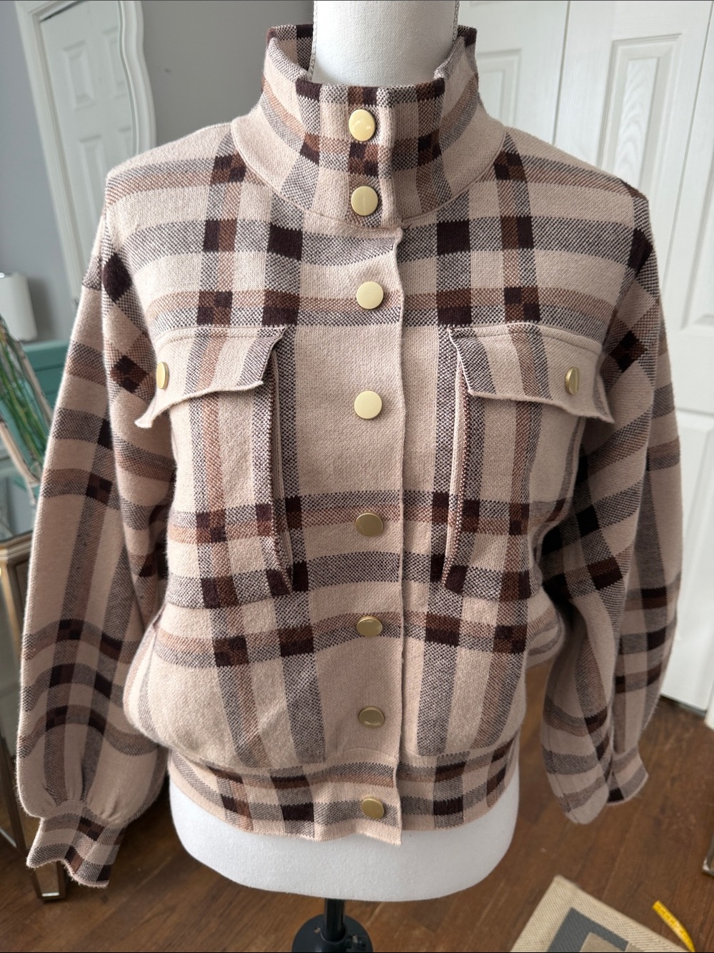 Oliver.O Plaid Funnel-Neck Button Sweater Jacket - Beige/Brown Med Fab NWT ❤️